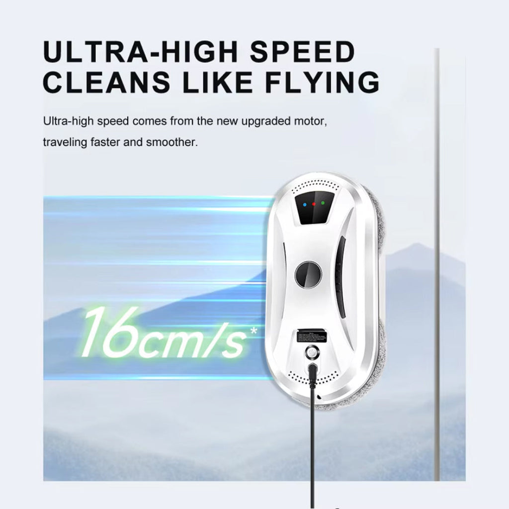 GlidePex Robot Window Cleaner with text highlighting ultra-high speed cleaning on a light blue background
