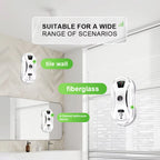 Bathroom mirror with a GlidePex Robot Window Cleaner attached, suitable for various surfaces like tile wall and fiberglass.