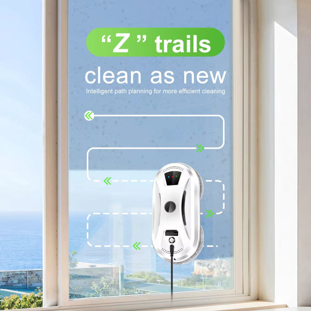 GlidePex Robot Window Cleaner with 'Z' trails on a window with a scenic view outside.