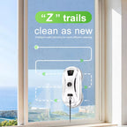 GlidePex Robot Window Cleaner with 'Z' trails on a window with a scenic view outside.