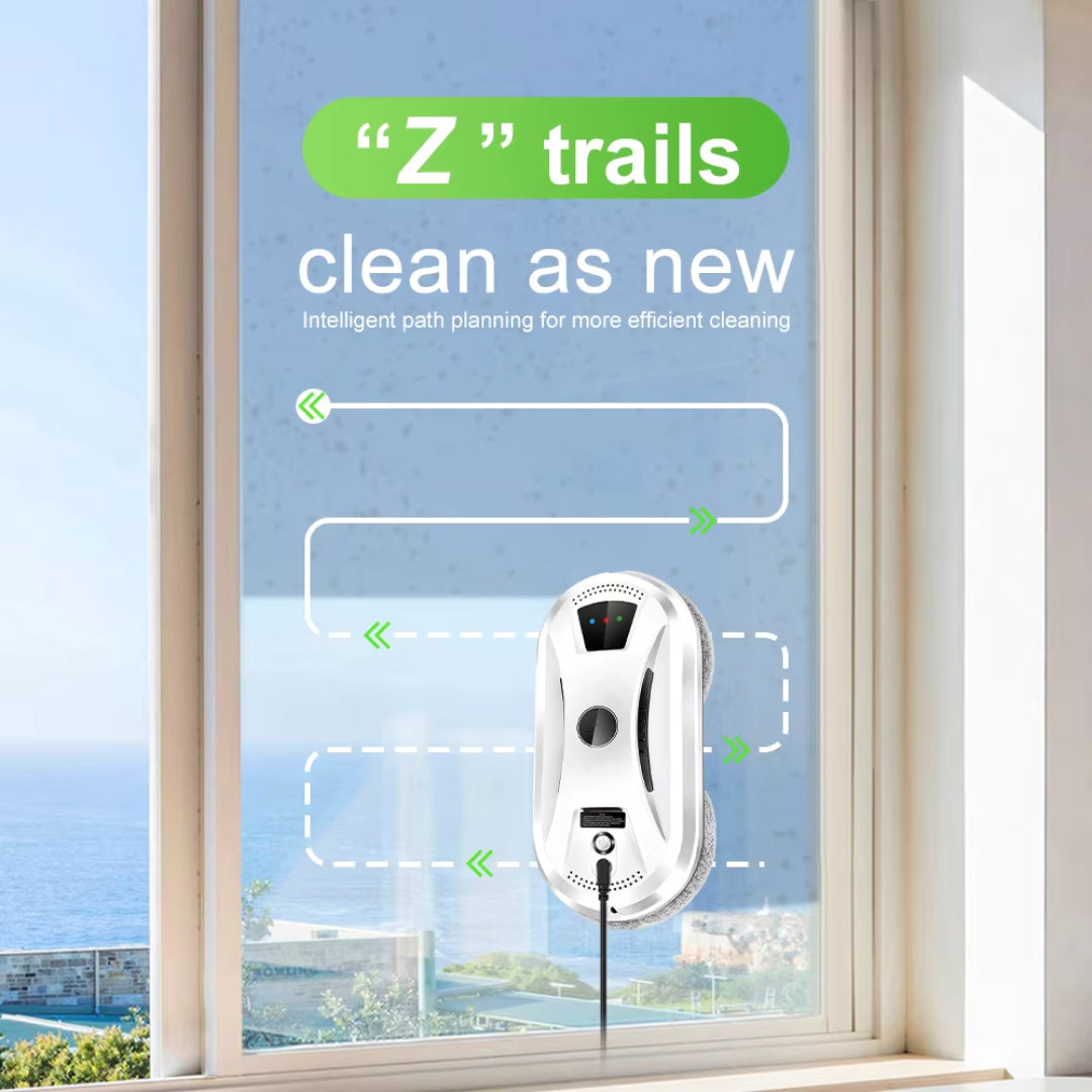 GlidePex Robot Window Cleaner with 'Z' trails on a window with a scenic view outside.
