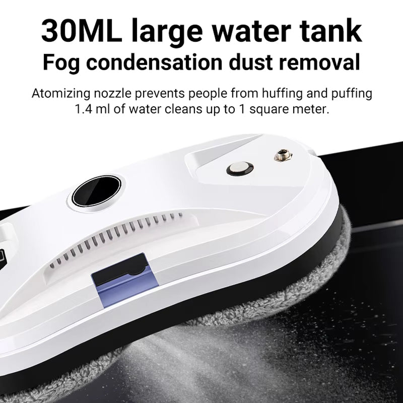 GlovaBoto Window Cleaning Robot with text about its water tank capacity and dust removal capabilities.