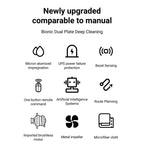 List of features of a bionic dual plate deep GlovaBoto Window Cleaning Robot system with icons and text on a white background.