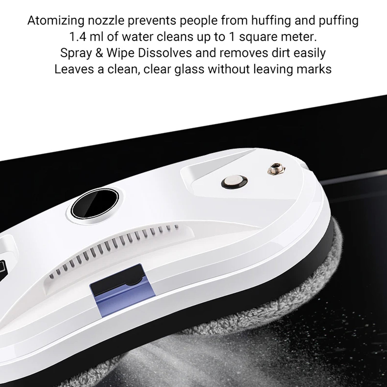 GlovaBoto Window Cleaning Robot with text about its cleaning capabilities on a black surface