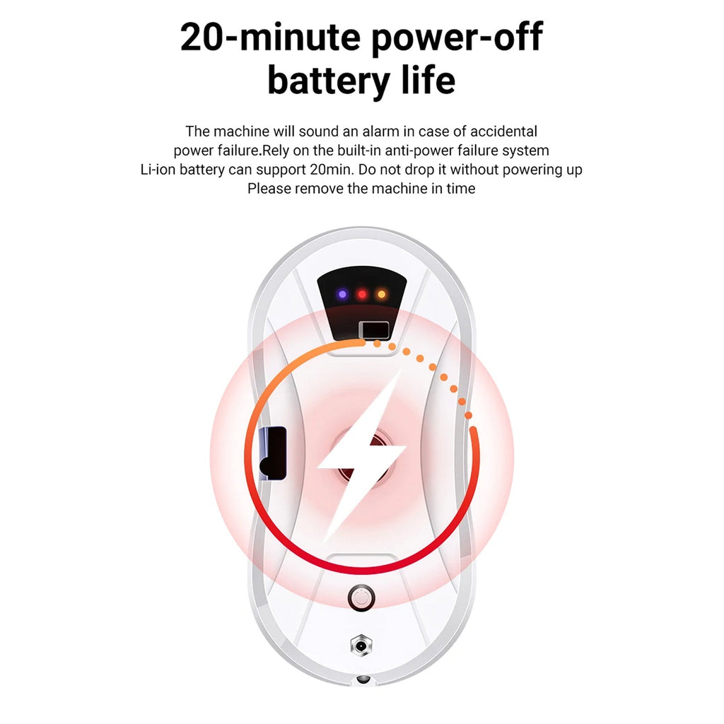Product with battery life indicator and text about 20-minute power-off battery life on a white background.