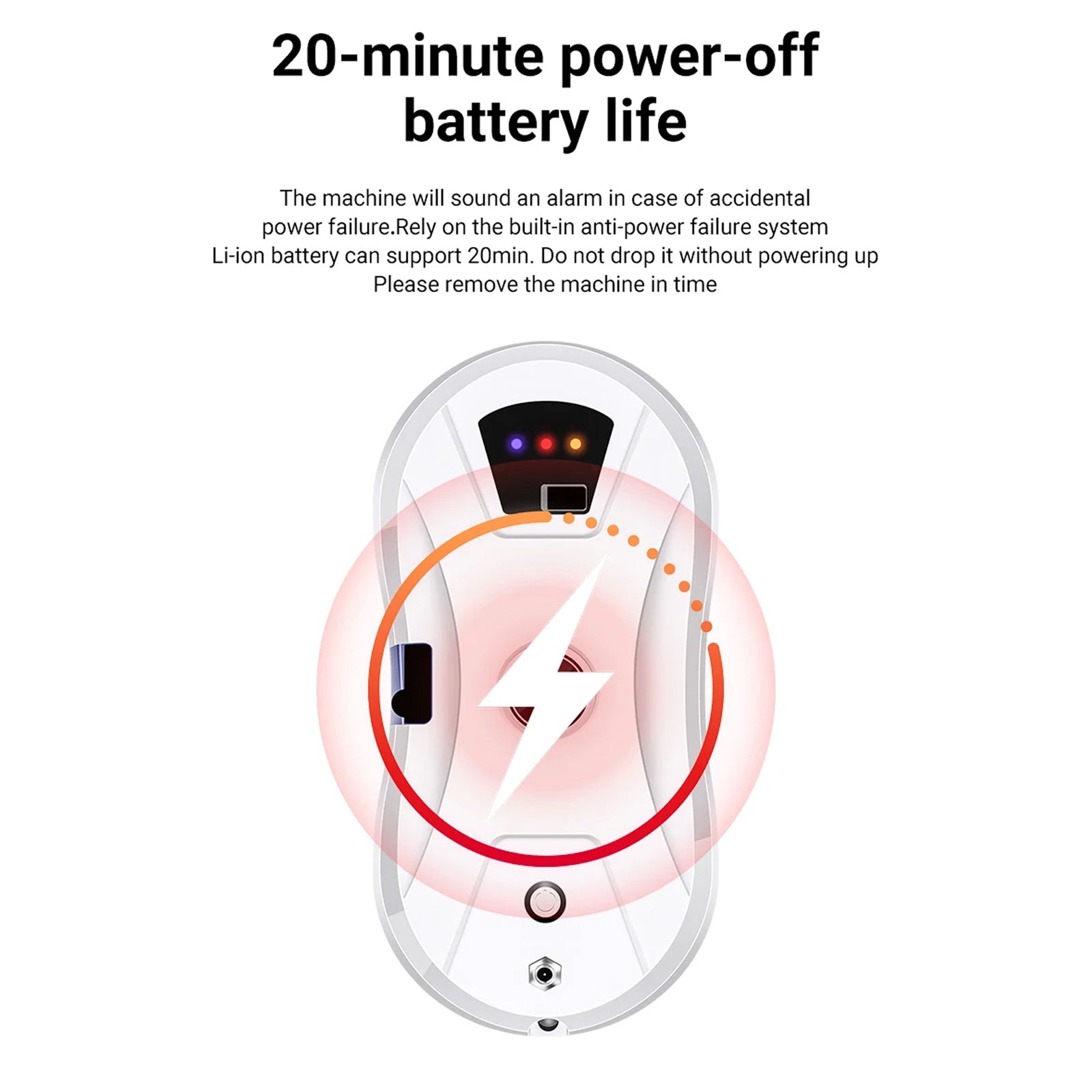 Product with battery life indicator and text about 20-minute power-off battery life on a white background.