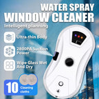 Water spray GlovaBoto Window Cleaning Robot with features listed on a blurred window cleaning background