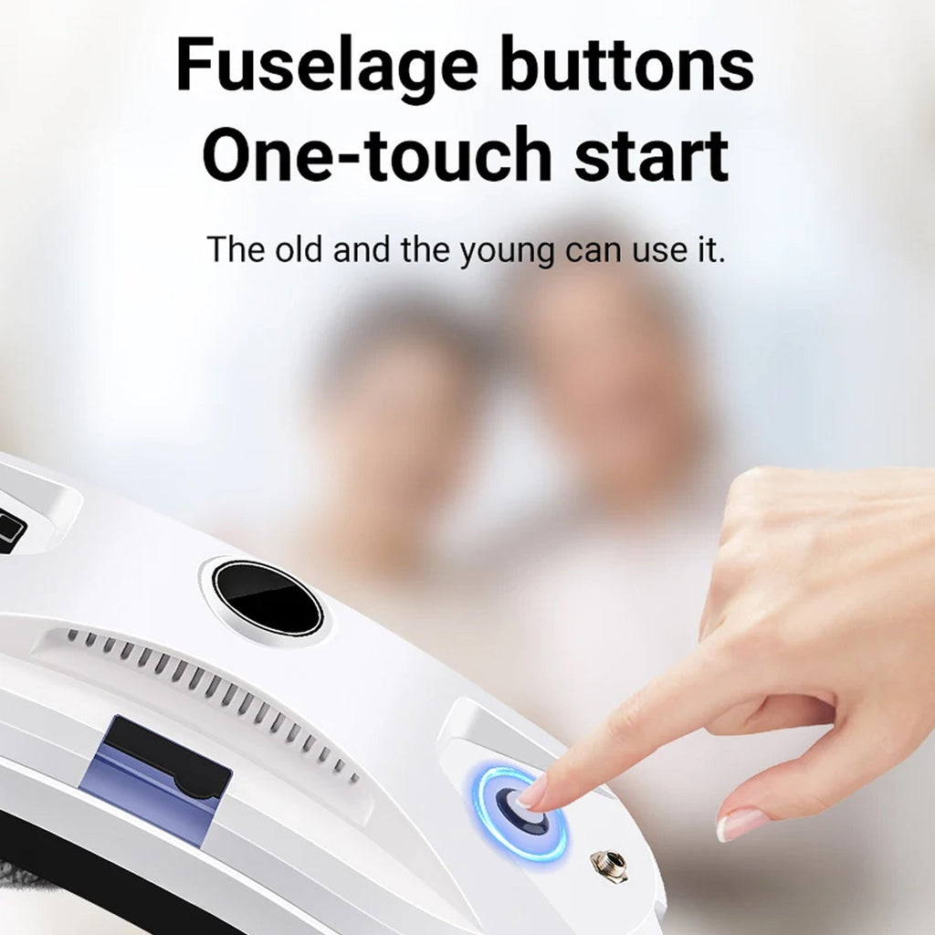 Hand pressing a button on a GlovaBoto Window Cleaning Robot with text about fuselage buttons and one-touch start.