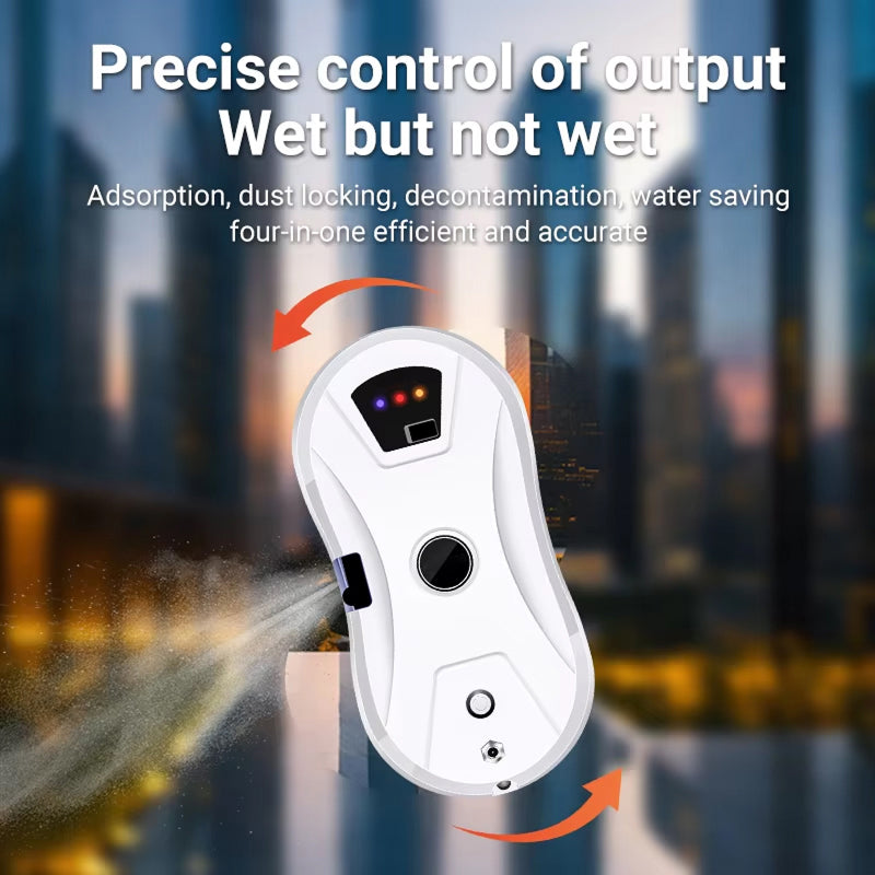 White GlovaBoto Window Cleaning Robot with digital display and buttons, set against a blurred cityscape background.