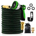 Expandable GreenGoo Garden Hose Pipe with spray nozzle, connectors, and storage bag on a white background