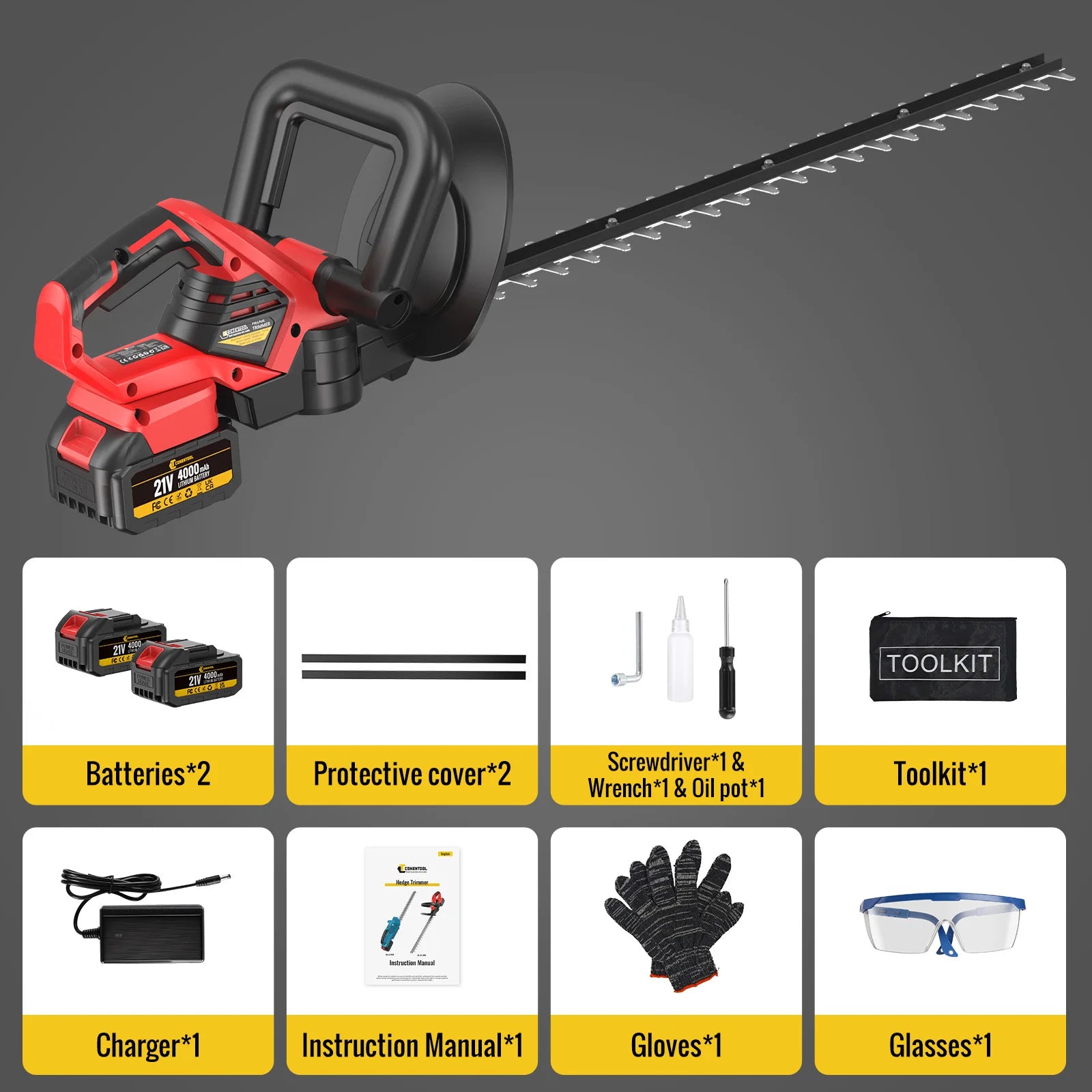 Red and black GreenGoo Cordless Hedge Trimmer with accessories on a gray background