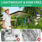 Man using a lightweight and kink-free GreenGoo Garden Hose Pipe in a garden setting with text highlighting its features.