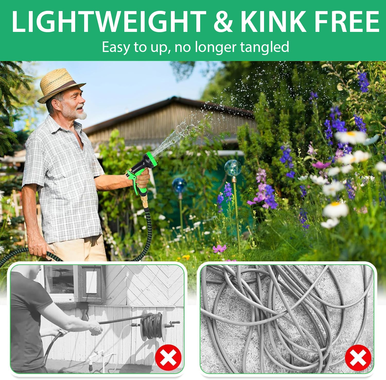 Man using a lightweight and kink-free GreenGoo Garden Hose Pipe in a garden setting with text highlighting its features.