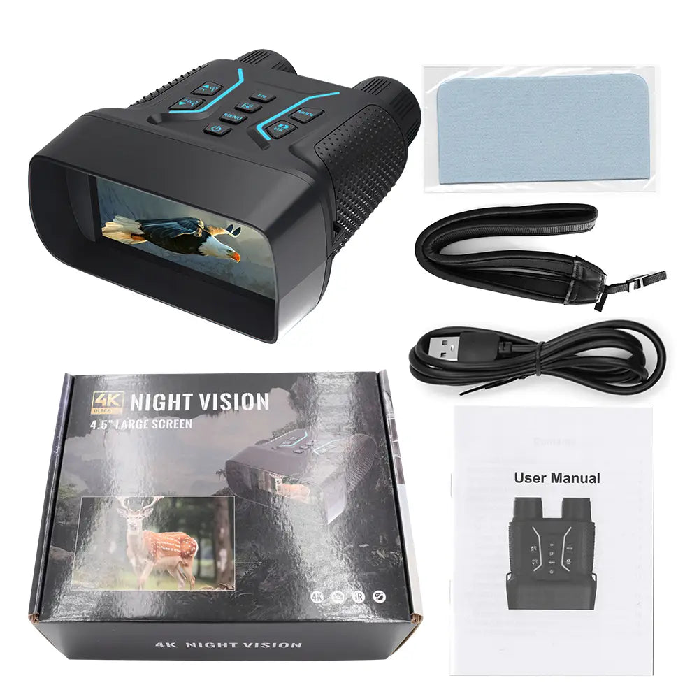 4K Htelescope W9 Night Vision Binoculars with packaging, cable, strap, and user manual on a white background