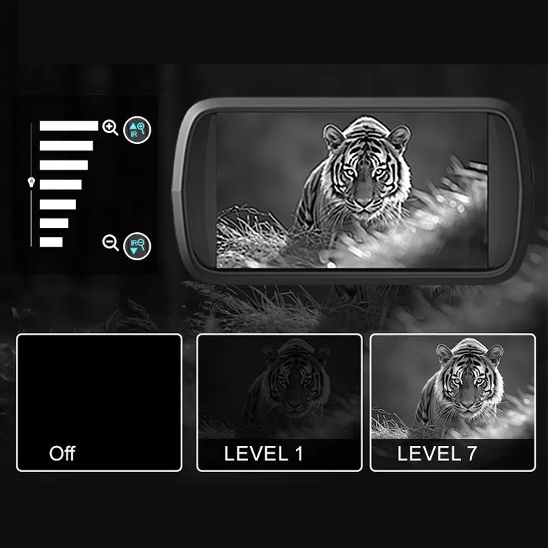 Display of a tiger image with adjustable brightness levels on a dark background