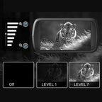 Display of a tiger image with adjustable brightness levels on a dark background