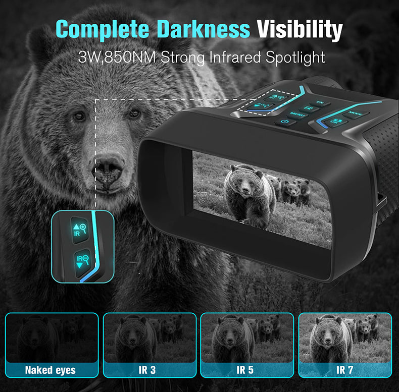 Htelescope W9 Night Vision Binoculars with screen displaying bear images, surrounded by a bear in the dark.