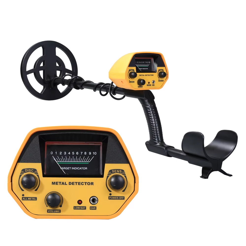 Yellow HunTonnix V2 Metal Detector with black search coil on a white background