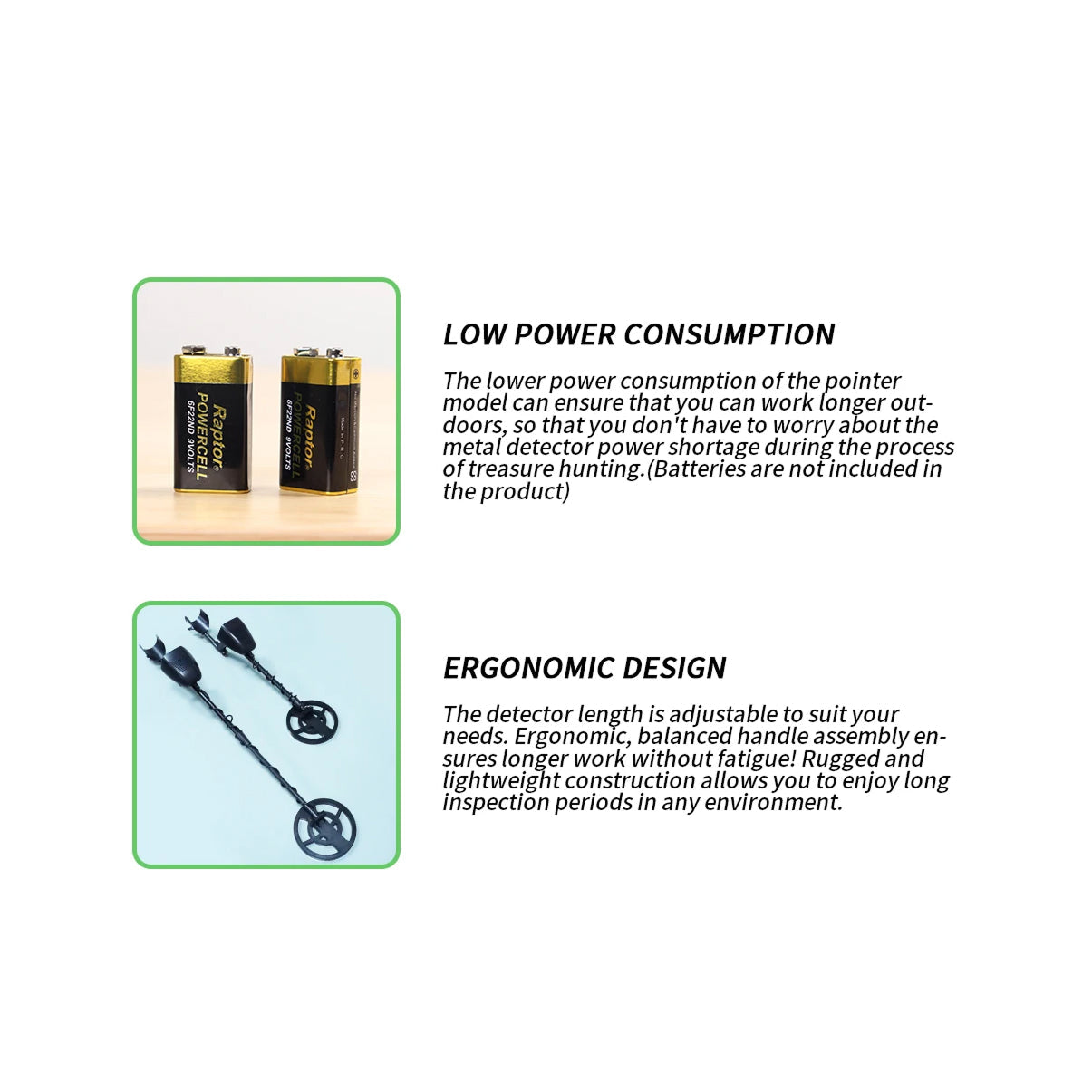 HunTonnix V2 Metal Detector features with batteries and a metal detector on a white background