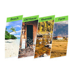 Four scenic posters labeled 'Beach', 'Old House', 'Riverside', and 'Farm' on a white background.