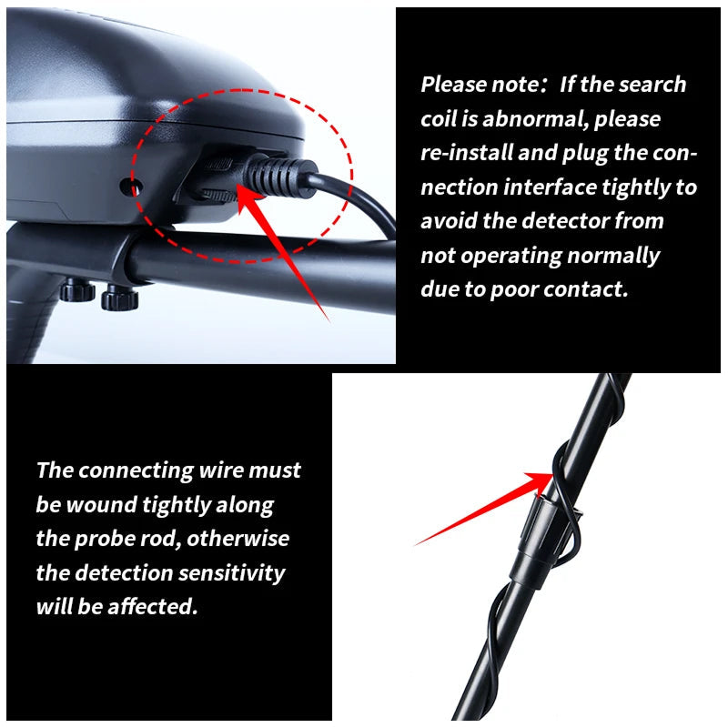 Instructions on connecting a search coil to a HunTonnix V2 Metal Detector with text and arrows indicating proper connection.