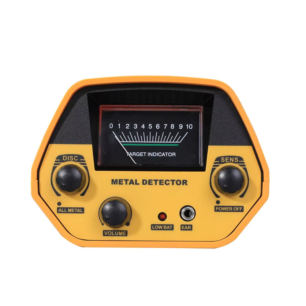 Yellow HunTonnix V2 Metal Detector with control buttons on a white background