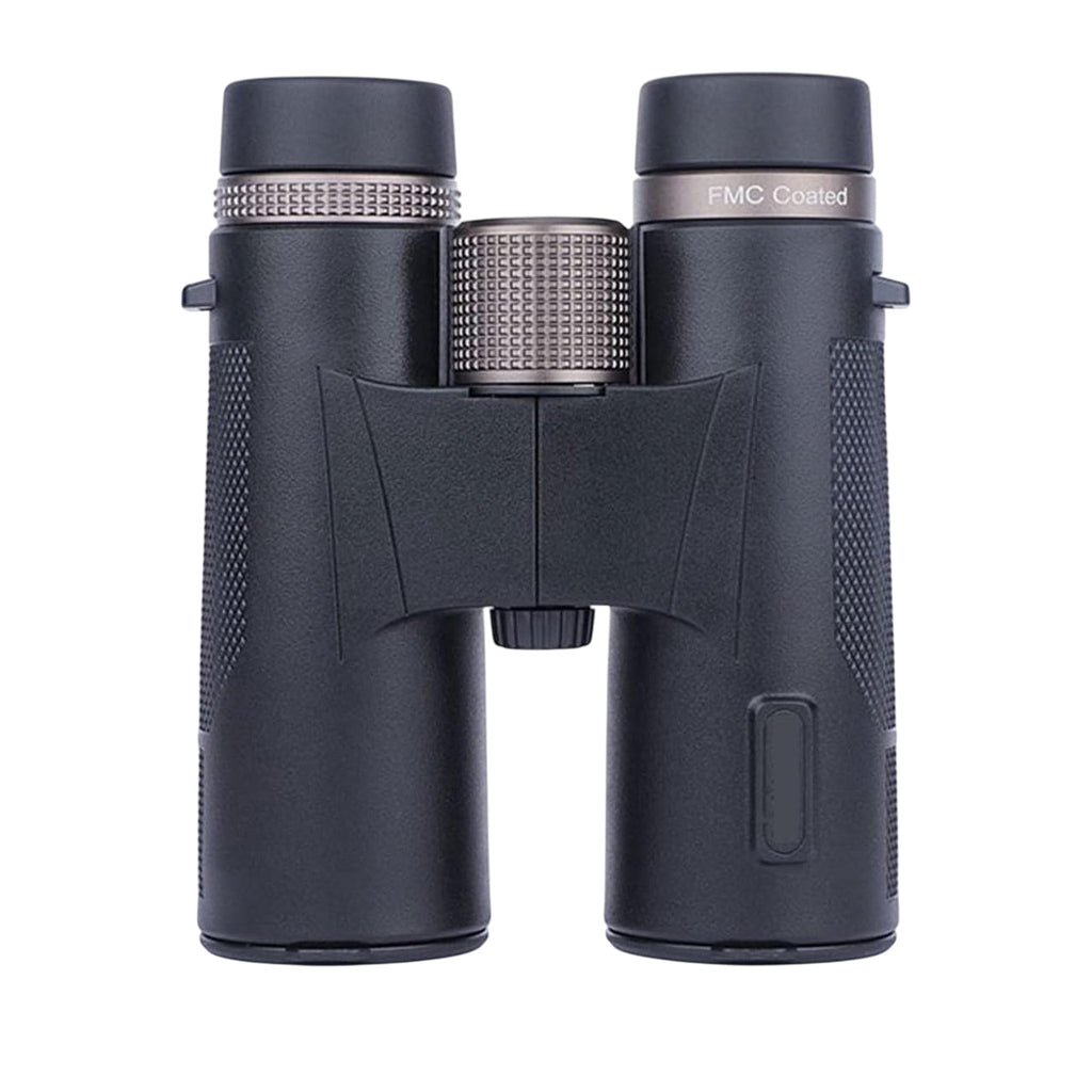 Black Huntopex Binoculars with textured rubberized grips, a central silver adjustment knob, and a right eyecup labeled 'FMC Coated' on a plain white background.