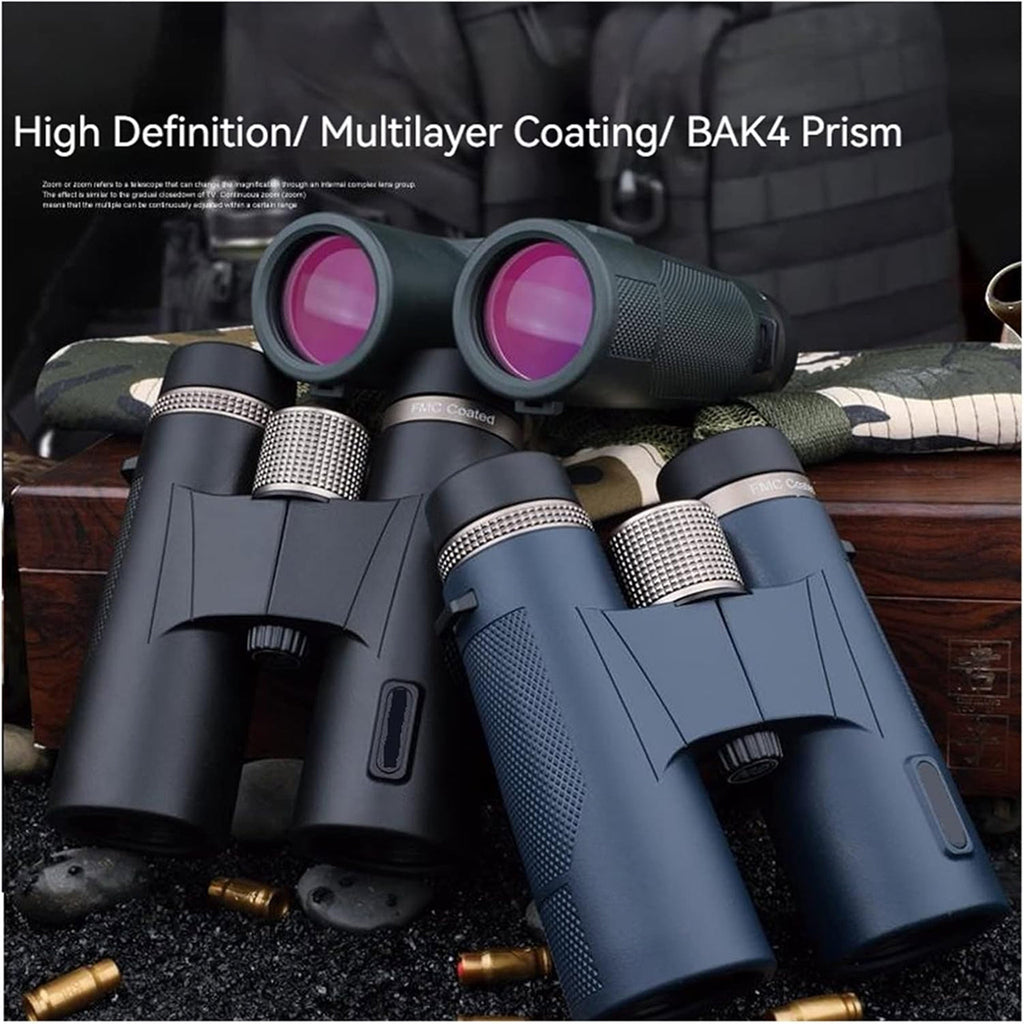 Two pairs of Huntopex Binoculars with high definition and multilayer coating features on a dark background.