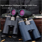 Two pairs of Huntopex Binoculars with high definition and multilayer coating features on a dark background.