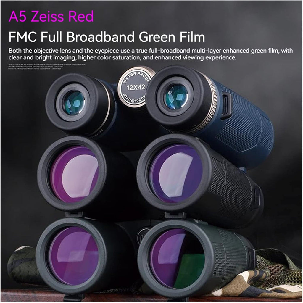 Stack of Huntopex Binoculars with FMC Full Broadband Green Film on lenses against a dark background