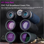 Stack of Huntopex Binoculars with FMC Full Broadband Green Film on lenses against a dark background