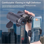 Hand holding Huntopex Binoculars with a smartphone attached, set against a cityscape background.