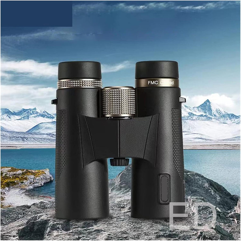 Black Huntopex Binoculars with 'FMC' branding against a mountainous landscape background
