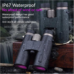 Waterproof Huntopex Binoculars with text highlighting their IP67 rating and weather resistance, set against a natural background.