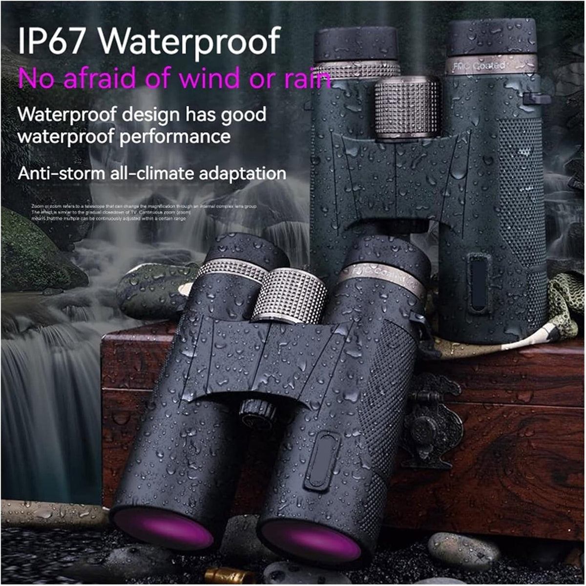 Waterproof Huntopex Binoculars with text highlighting their IP67 rating and weather resistance, set against a natural background.