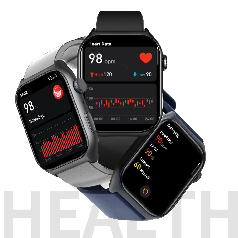 Three Ionos Smartwatch displaying health monitoring features on a white background.