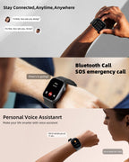 Ionos Smartwatch being used with text highlighting features like Bluetooth calls, SOS emergency calls, and personal voice assistant.