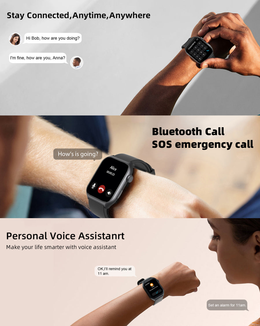 Ionos Smartwatch being used with text highlighting features like Bluetooth calls, SOS emergency calls, and personal voice assistant.
