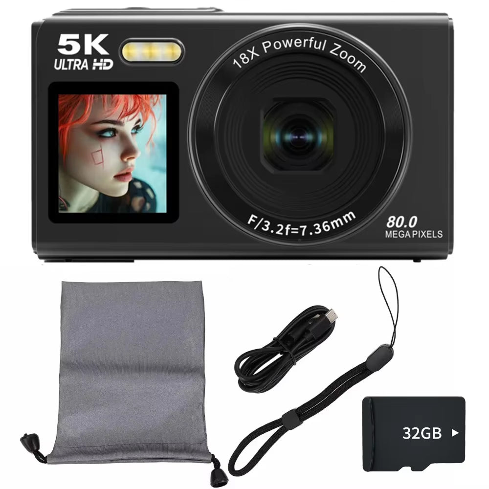 JixinCam Digital Camera with screen displaying a person's face, surrounded by accessories on a white background.