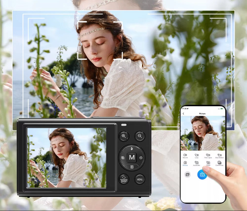 Person using a device for WiFi picture transfer and JixinCam Digital Camera control with a scenic background.