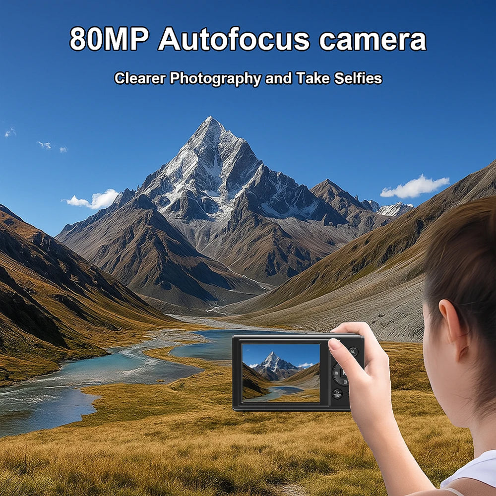 Person taking a photo with JixinCam Digital Camera of a mountain landscape with an 80MP autofocus camera.