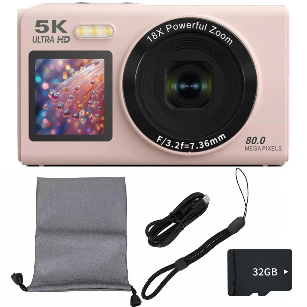 Pink JixinCam Digital Camera with accessories on a white background