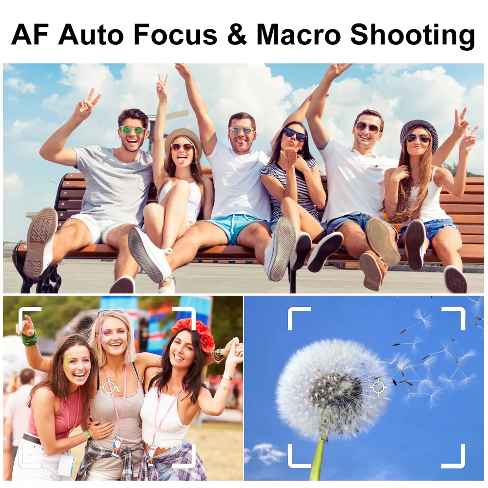 People sitting on a bench with text 'AF Auto Focus & Macro Shooting' above, followed by images of people and a dandelion.