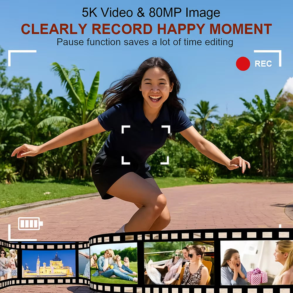 Woman jumping outdoors with video recording features displayed