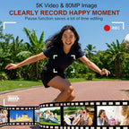 Woman jumping outdoors with video recording features displayed