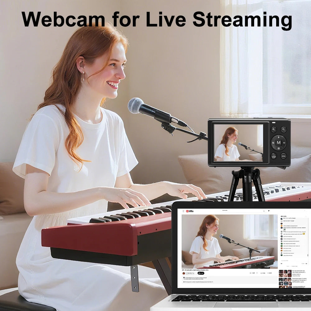 Woman playing keyboard with microphone and JixinCam Digital Camera for live streaming setup.
