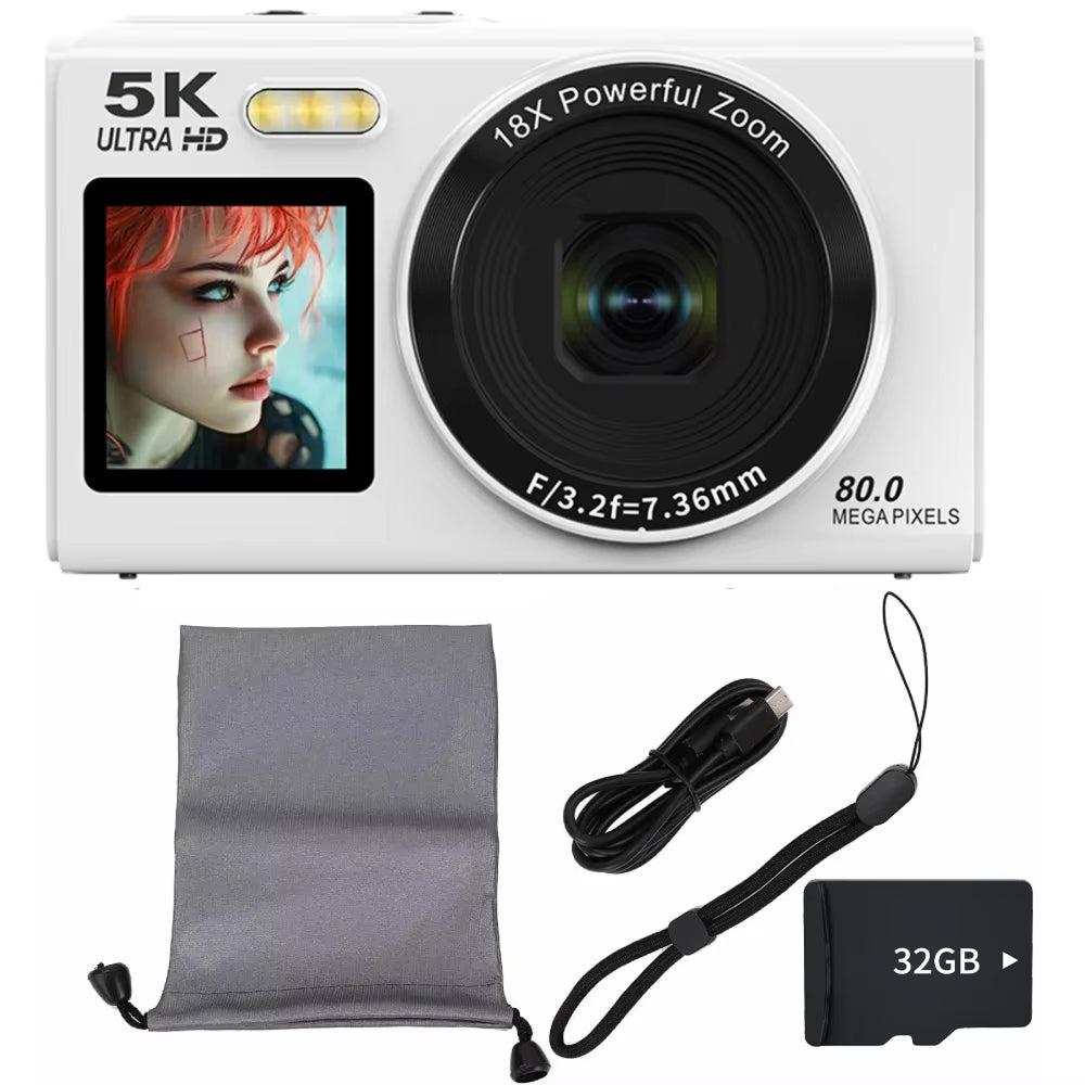 JixinCam Digital Camera with accessories including a screen protector, cable, strap, and memory card on a white background.