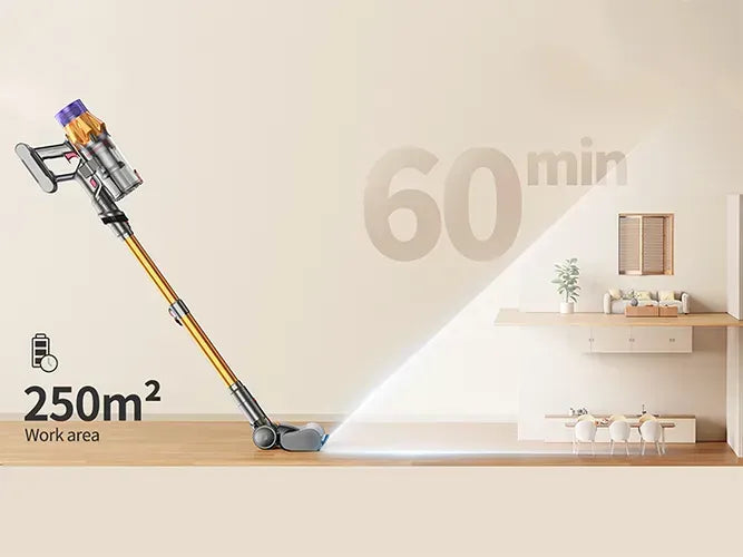 Jomashop Vacuum Cleaner with cleaning area and time display on a minimalistic room background
