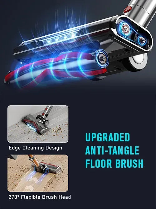 Upgraded anti-tangle floor brush Jomasshop Vacuum with edge cleaning design and flexible brush head on a dark background.