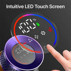 Intuitive LED touch screen control panel of Jomasshop Vacuum Cleaner with digital display and buttons, showing a hand interacting with it.